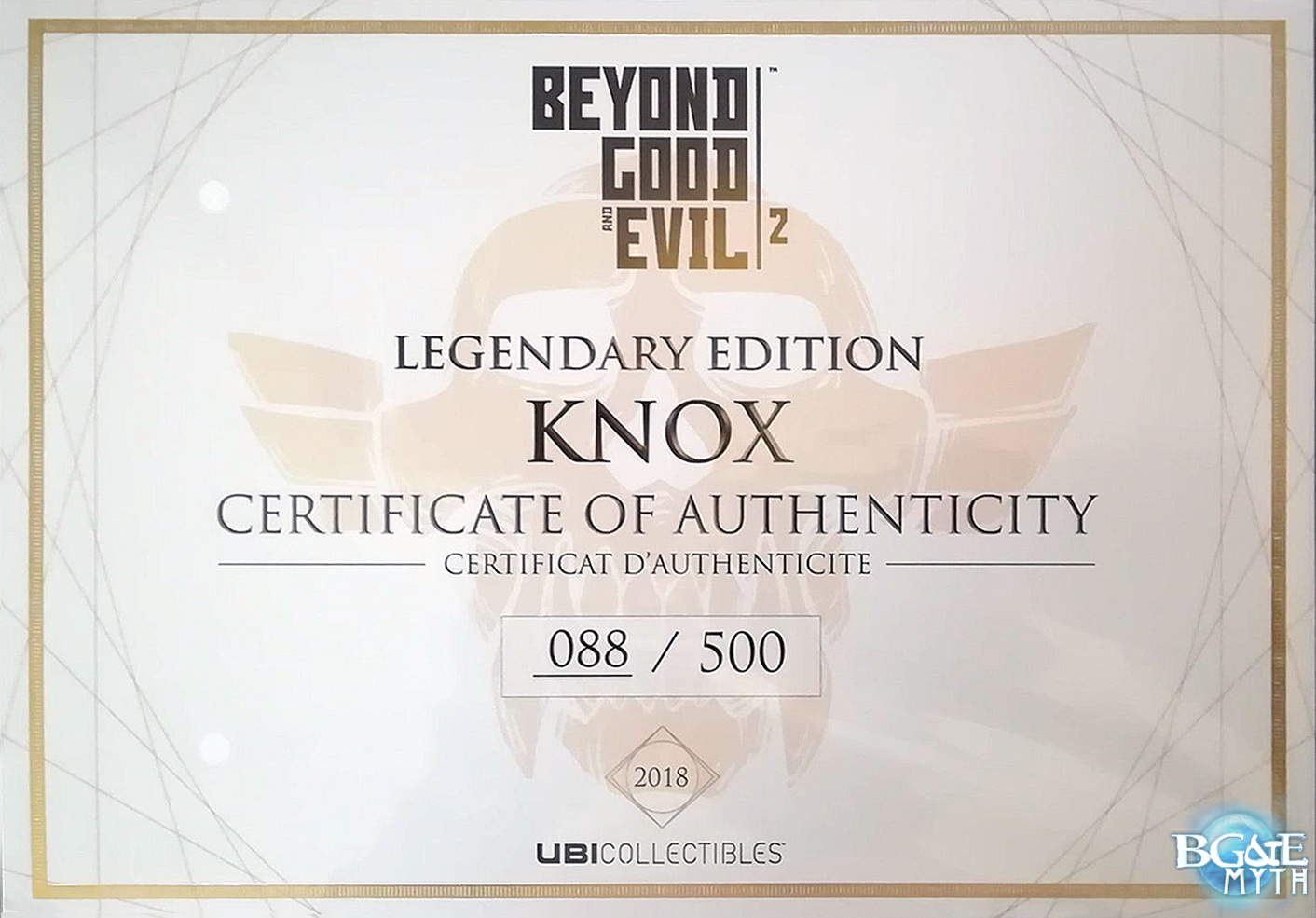 Certificat d'authenticit&eacute; Legendary Edition Knox